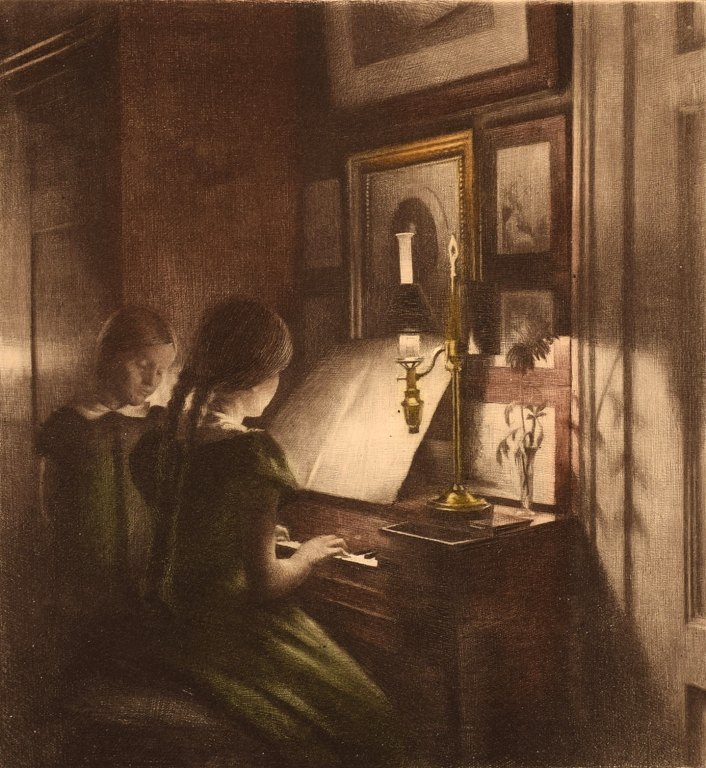 Peter Ilsted: Interior with two girls at the piano. Signed Peter Ilsted.