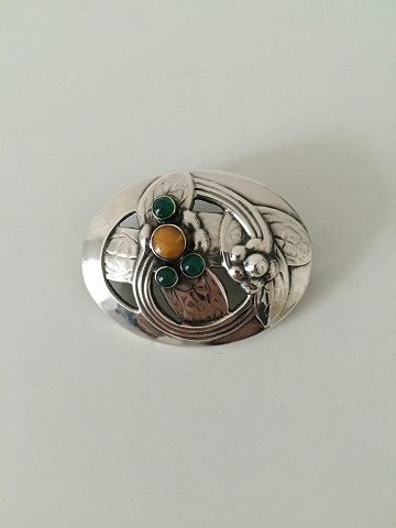 Georg Jensen Silver Brooch with Ambor and Green stones No 13 From 1904-1914