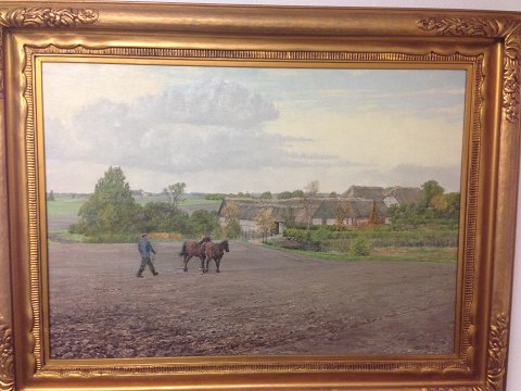 Large and nice Oil painting by Ole Ring with motif of landscape, farm house and 
man with horse