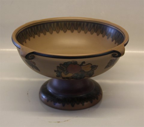 Bornholm Art Pottery, L.Hjort 103 Large footed brown bowl with fruit decoration 
16 x 27 cm