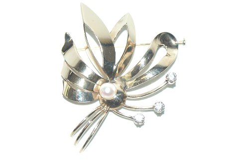 Brooch with Zirconia and Pearl, 14 carats