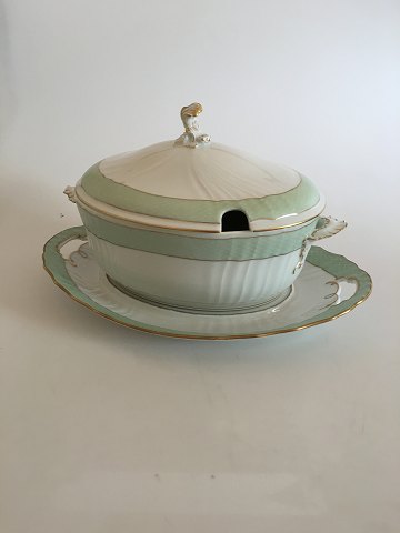 Royal Copenhagen Green Curved with Gold Tureen No 1666 and Platter No 1671