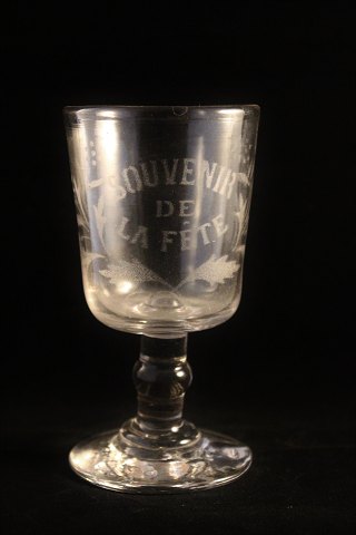 Old French souvenir wine glass with engraved writing "Souvenir de la feté"