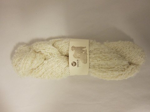 Mohair Bouclé
Mohair Bouclé is a natural product of a very high quality from the angora goat 
from South Africa.
The colour shown is: White, Colourno 1000
1 ball of wool containing 100 grams