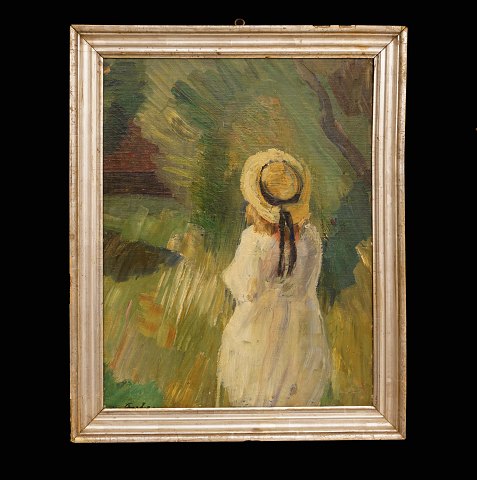 Carl Fischer, 1887-1962: Mädchen in Landschaft. 
Signiert. Öl auf Leinen. Lichtmasse: 49x38cm. Mit 
Rahmen: 58x47cm
