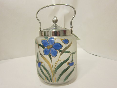 Biscuit-box made of painted glass with a nickeled lid, antique
About 1900
