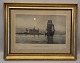 Carl Locher Etching Marine outside Kronborg Castle 35 x  45.5 cm with gold frame