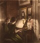 Peter Ilsted: Interior with two girls at the piano. Signed Peter Ilsted.