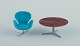 L'Art presents: 
Arne 
Jacobsen, 
miniatures of 
the "Swan" in 
turquoise 
fabric along 
with a shaker 
table.