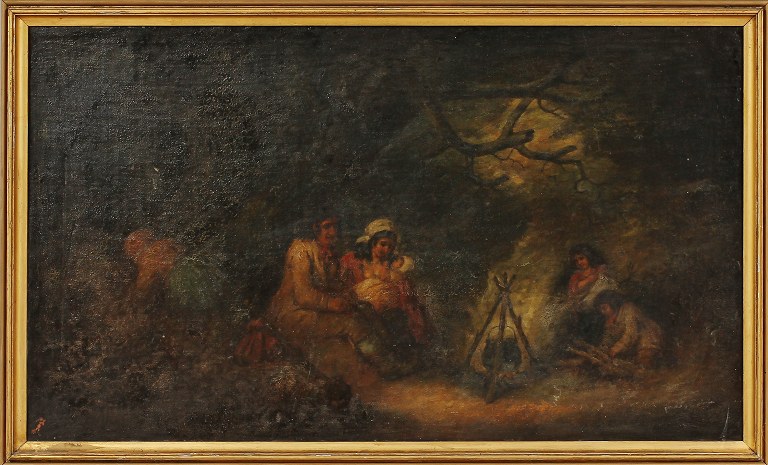 Oil on canvas. 19c. unknown artist. Fireplace with women and children.