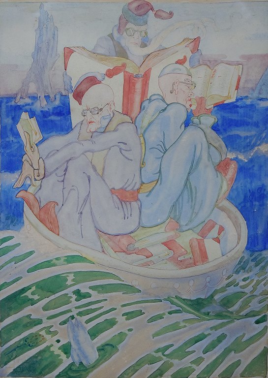 MAHLON BLAINE (f. 1894, d. 1969) Amerikansk kunstner.
Akvarel. Satirisk illustration, literære i jolle.