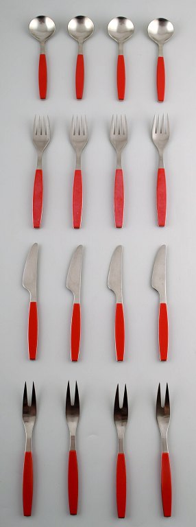 Complete service for 4 p., Henning Koppel. Strata cutlery from stainless steel 
and red plastic. Produced by Georg Jensen.