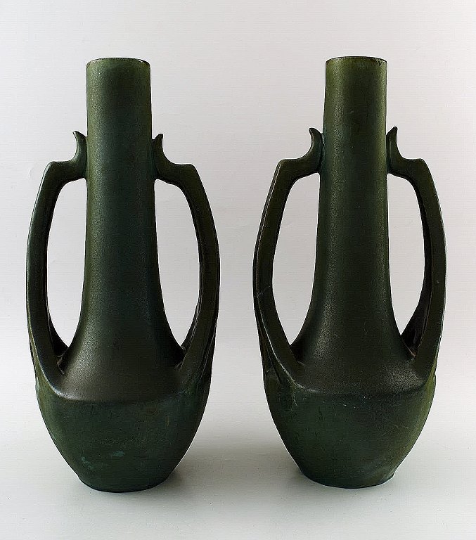 Vallauris, a pair of large French vases in ceramics, hand painted in dark green 
shades.