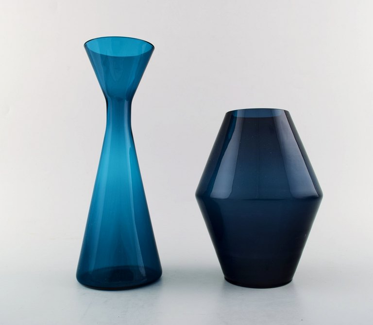 Swedish art glass, two hand blown vases in blue, 1960 s.
