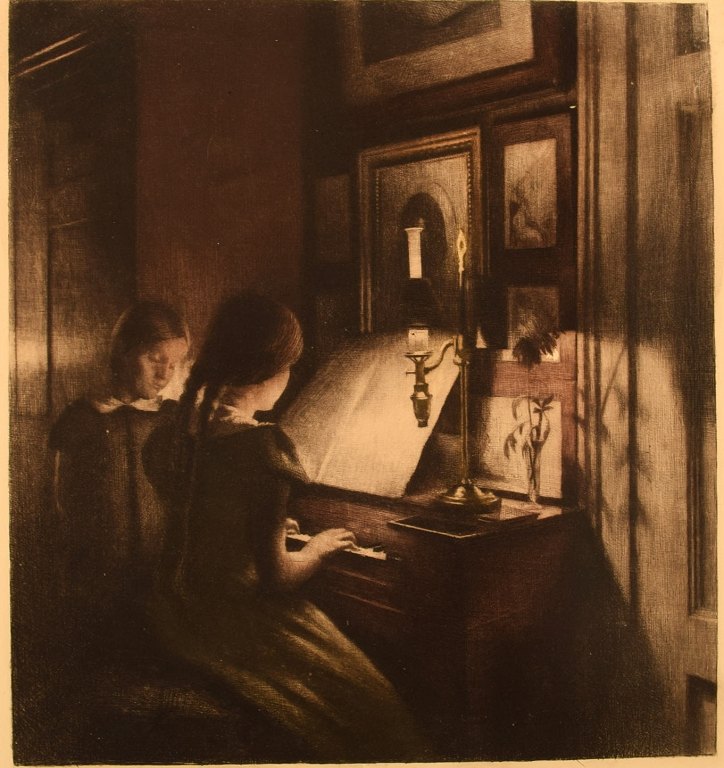 Peter Ilsted: Interiør med to piger ved klaveret.