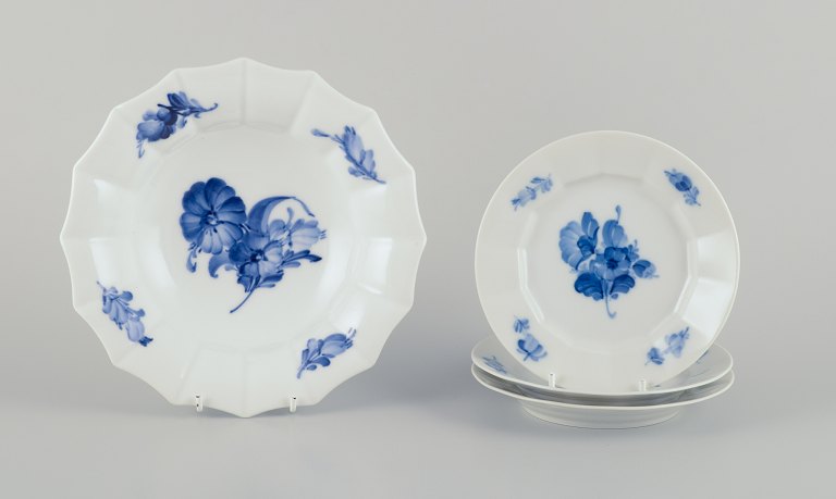 Royal Copenhagen Blue Flower Angular. Three plates and one bowl. Hand-painted 
porcelain.