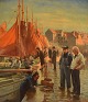 Søren Christian Bjulf (1890-1958), Danmark. Olie på lærred. Fiskere og handlende 
på Gammel Strand. Ca. 1920.
