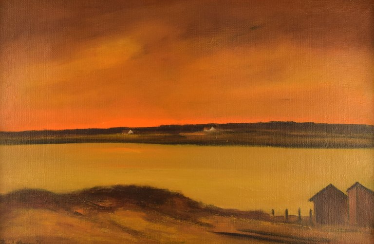 Poul Hansen (1918-1987), Denmark. Oil on canvas. Landscape with houses and 
sunset. Dated 1975.

