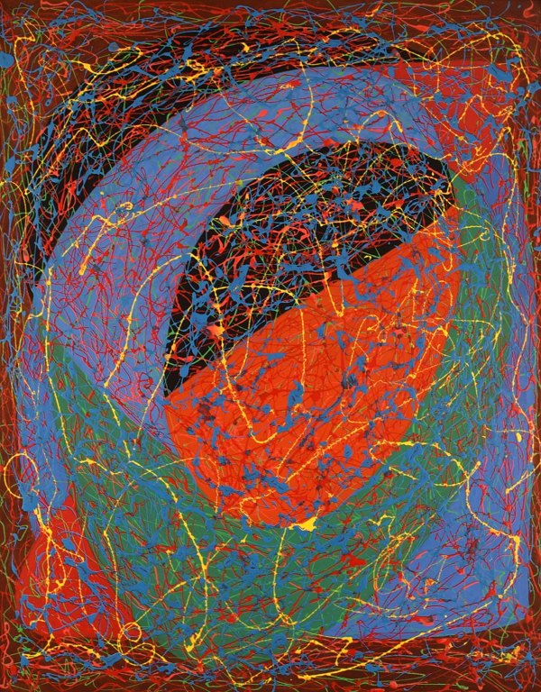 Svend Aage Krogstrup, dansk kunstner. Akryl på plade. Abstrakt komposition. 
Dateret 1991.
