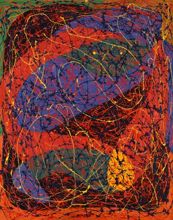 Svend Aage Krogstrup, Danish artist. Acrylic on board. Abstract composition. 
Dated 1991.
