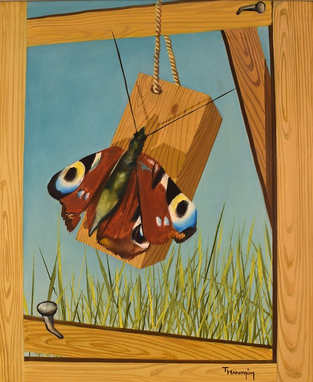 Thomas Hafström (b. 1954), Swedish artist. Oil on canvas. Butterfly on woodwork. 
Late 20th century.
