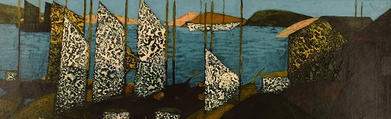 Sven Ahlgren (1922-1997), Sverige. Olie på plade. Modernistisk landskab med 
fiskerbåde. Dateret 1965.
