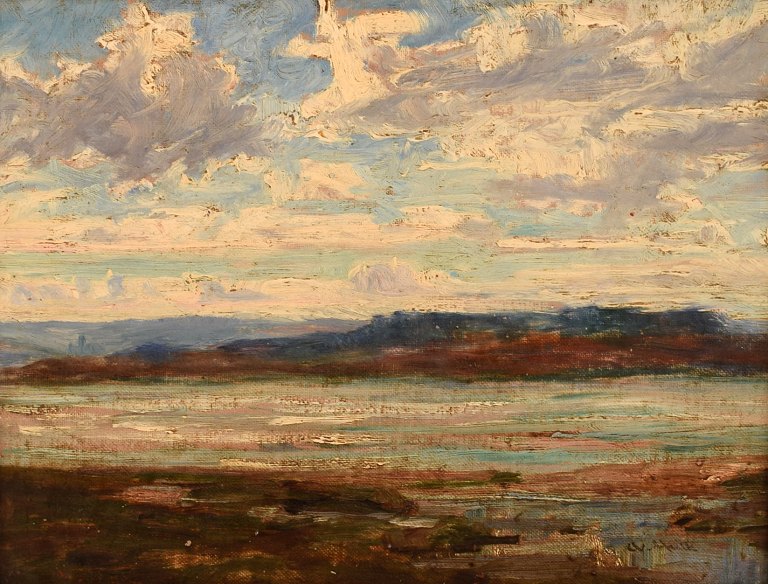 Abraham Hulk Jr. (1851-1922), listed British artist. Oil on board. Landscape 
painting. Late 19th century.
