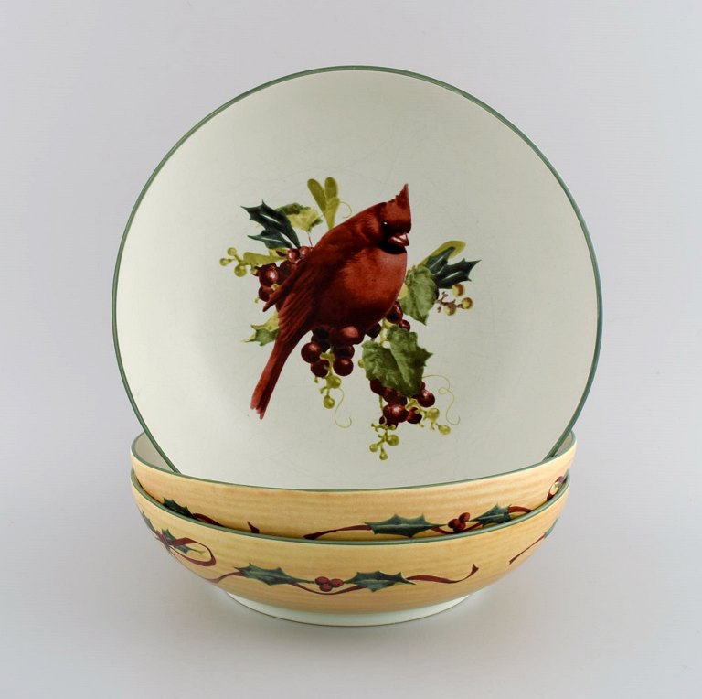 Catherine McClung for Lenox. "Winter greetings everyday". Three bowls / dishes 
in glazed stoneware decorated with mistletoe, birds and red ribbon. Approx. 
2000.
