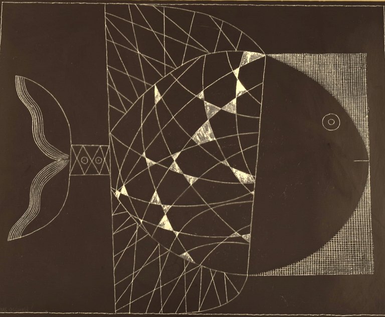 Hans Osswald (1919-1983), Swedish artist. Mixed media on paper. Fish. Mid 20th 
century.
