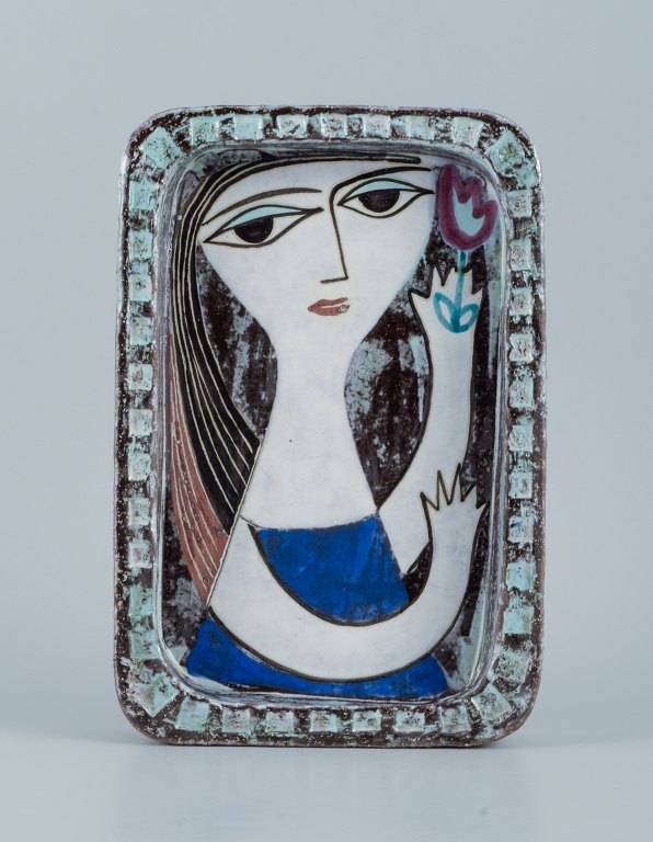 Mari Simmulson for Upsala-Ekeby. Dish in glazed stoneware with portrait of 
woman.