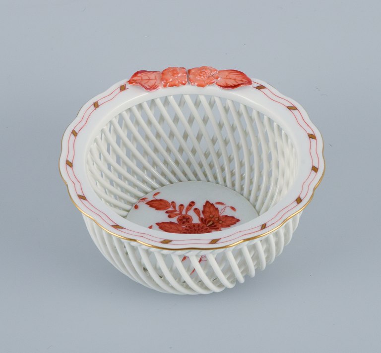Herend, Hungary, reticulated porcelain bowl, hand painted with orange flowers.