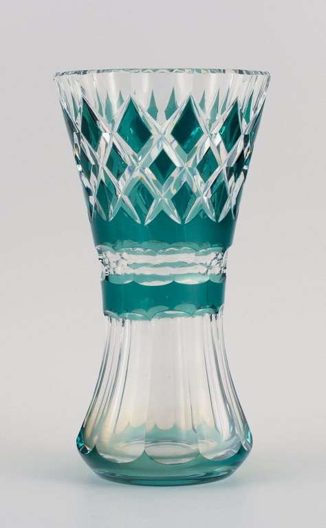 Val St. Lambert, Belgium, large handmade Art Deco crystal glass vase, faceted 
with green decoration.
