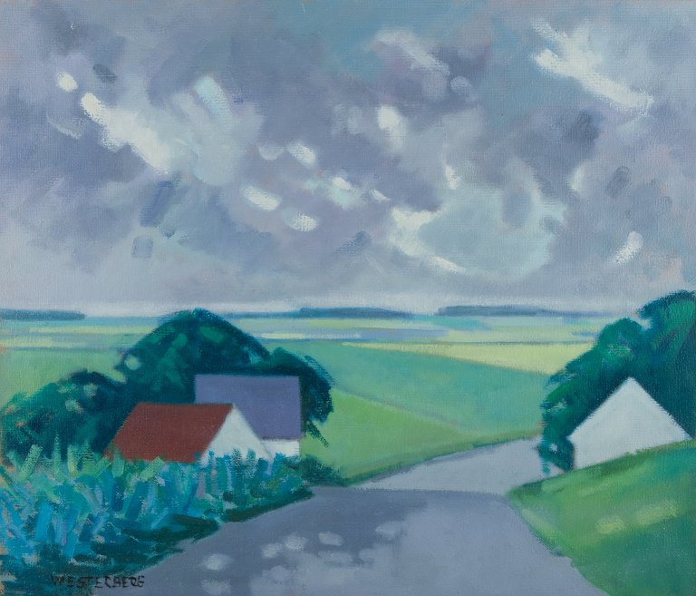 K. Westerberg, also known as Knud Horup, listed Danish artist, oil on canvas. 
Modernist style. Landscape with houses and country road.