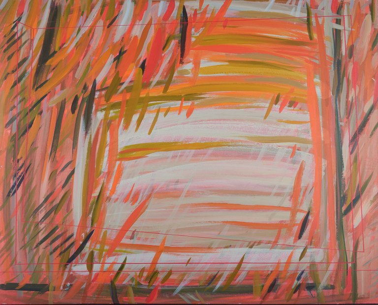 Monique Beucher (1934), fransk kunstner. Gouache på lærred.
Abstrakt komposition. Koloristisk palette.