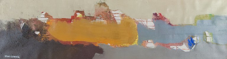 Hans Osswald, Swedish artist, oil on canvas, abstract composition.
Titled "Då Hösten kommer sollerön" (When Autumn Comes to Sollereön).