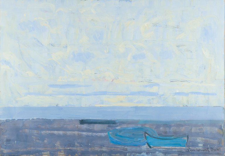 Peer Lorentz Dahl (1915-2005), norsk kunstner, olie på lærred.
Modernistisk strandparti med joller.