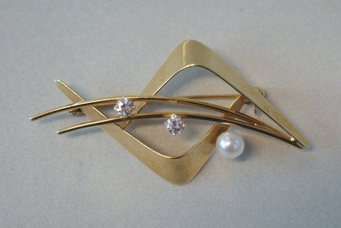 Broche med Zirkon og Perle, 14 karat