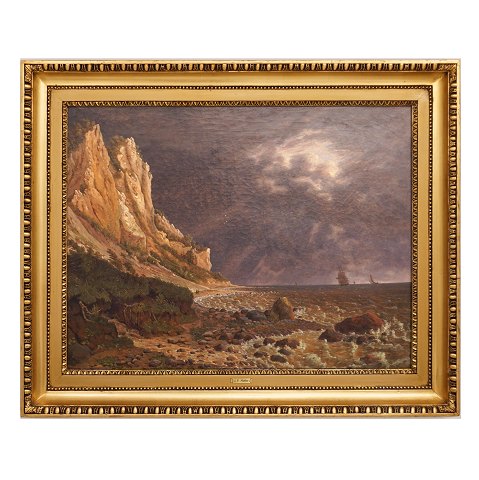 Jens Peter Møller, 1783-1854, guldalderparti fra 
Møns Klint med personer og skibe. Olie på lærred. 
Signeret og dateret 1820. Lysmål: 45x58cm. Med 
ramme: 58x73cm