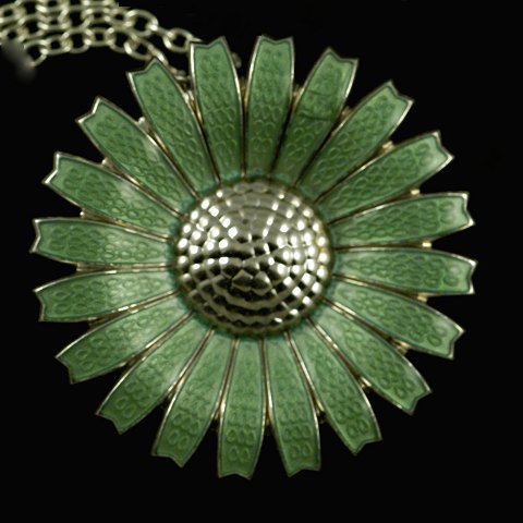 WorldAntique Georg Jensen. Sterling Silver Daisy Brooch Pendant with Green Enamel Stamped with post 194