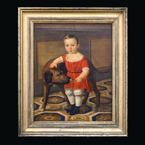 Ubekendt kunstner: Portræt af barn med hund. Olie 
på lærred. Ca. år 1830-50. Lysmål: 36x29cm. Med 
ramme: 46x39cm