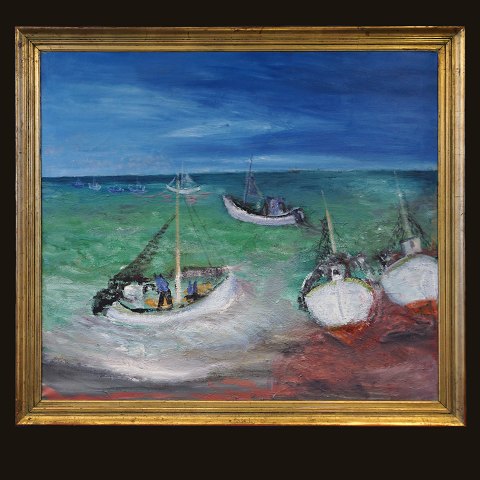 Jens Søndergaard, 1895-1957, olie på lærred: "Hav. 
1953". Signeret og dateret på bagside. Lysmål: 
124x138cm. Med ramme: 142x156cm