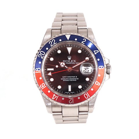 Rolex GMT II ref. 16710 Pepsi. Solgt 1. gang 
24.10.2000. Leveres med box og papirer.
D: 40mm