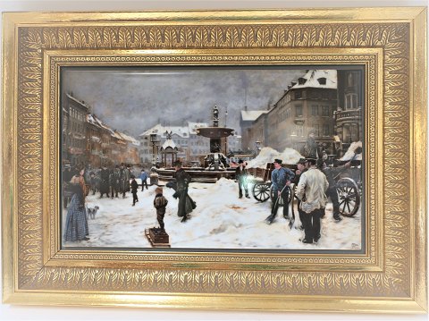 Bing & Grondahl. Porcelain painting. Motif by Paul Fischer. Winter day at 
Gammeltorv. Size inclusive frame, 47 * 33 cm. Produced 1750 pieces. This has 
number 921.