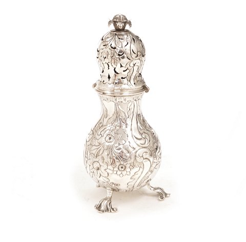 Axel J. Krøyer, Copenhagen, 1718-54: Sugar caster, 
Silver. Dated 1745. H: 18cm. G: 163gr