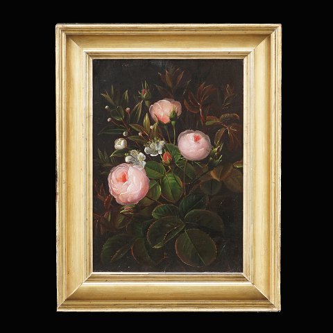 Schule I. L. Jensens: Stilleben mit Rosen. Öl auf 
Leinen um 1830. Lichtmasse: 22x16cm. Mit Rahmen: 
30x24cm