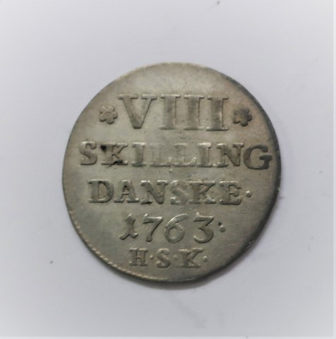 Dänemark. Friedrich die 5. Münze. Silber 8 Skilling 1763.