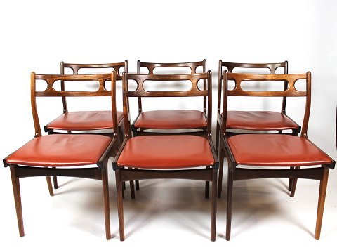 Sæt af 6 Stole - Model 138 - Mørke Rød Læder - Palisander - Johannes Andersen - 
Dansk Design - 1960