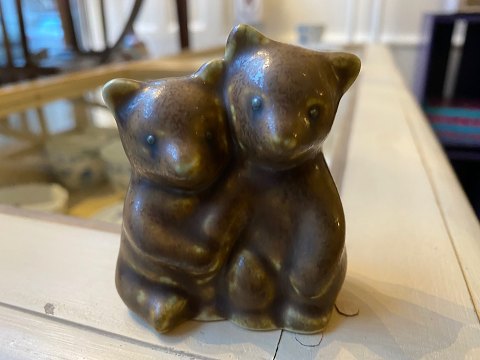 Little brown pair of bear cubs figurine by Danish ceramist Knud Basse own studio 
hares fur glaze Scandinavian Mid Century Modern