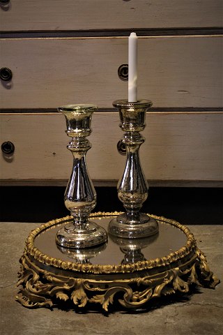 Very large 1800s French candlestick in Mercury glass with a super nice patina. 
Height: 33.5cm.