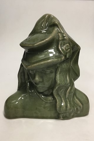 Royal Copenhagen Figurine of Stoneware "Girl with Hat" with Green Glaze No 20874